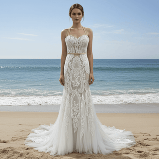 Romantic Halter Neck Fit and Flare Lace Wedding Dress with Sweetheart Neck - Rosymae