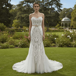 Romantic Halter Neck Fit and Flare Lace Wedding Dress with Sweetheart Neck - Rosymae