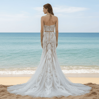 Romantic Halter Neck Fit and Flare Lace Wedding Dress with Sweetheart Neck - Rosymae