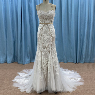 Romantic Halter Neck Fit and Flare Lace Wedding Dress with Sweetheart Neck - Rosymae