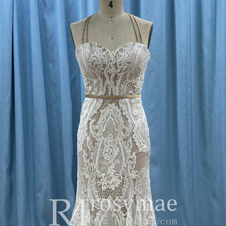 Romantic Halter Neck Fit and Flare Lace Wedding Dress with Sweetheart Neck - Rosymae