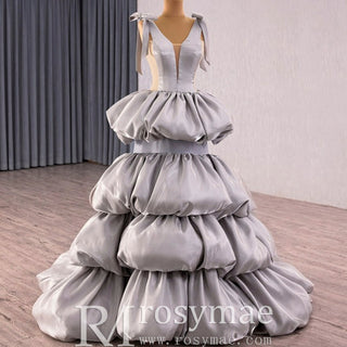 Romantic High-end Gray Cascading Ruffles Prom Dress A-line with Vneck - Rosymae