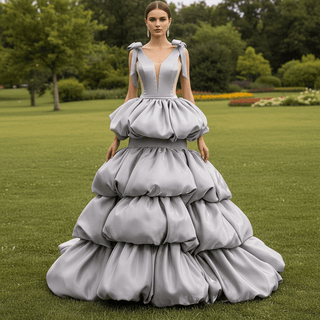 Romantic High-end Gray Cascading Ruffles Prom Dress A-line with Vneck - Rosymae