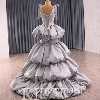 Romantic High-end Gray Cascading Ruffles Prom Dress A-line with Vneck - Rosymae