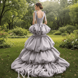 Romantic High-end Gray Cascading Ruffles Prom Dress A-line with Vneck - Rosymae