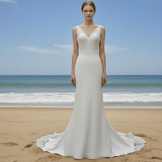 Romantic Lace Mermaid Wedding Dress Double V with Tank Sleeve - Rosymae
