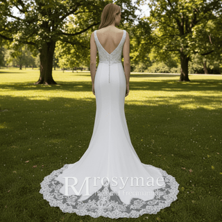Romantic Lace Mermaid Wedding Dress Double V with Tank Sleeve - Rosymae