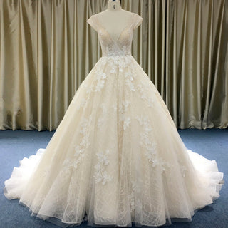 Romantic Light Champagne Deep V-neck Wedding Dress with Low Back - Rosymae
