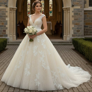 Romantic Light Champagne Deep V-neck Wedding Dress with Low Back - Rosymae