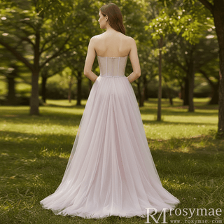 light pink prom dress corset Light Pink Sweetheart Beaded Tulle Corset Dress With Lace-Up Back