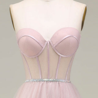 Romantic Light Pink Exposed Boning A-Line Prom Dress with Sweetheart Corset - Rosymae