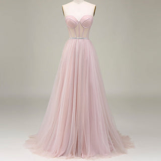 Romantic Light Pink Exposed Boning A-Line Prom Dress with Sweetheart Corset - Rosymae