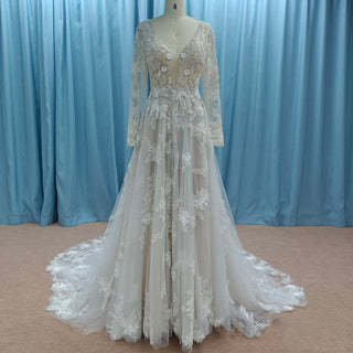 Romantic Low Open Back Long Sleeve Lace Wedding Dress with Vneck - Rosymae
