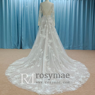 Romantic Low Open Back Long Sleeve Lace Wedding Dress with Vneck - Rosymae