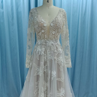 Romantic Low Open Back Long Sleeve Lace Wedding Dress with Vneck - Rosymae