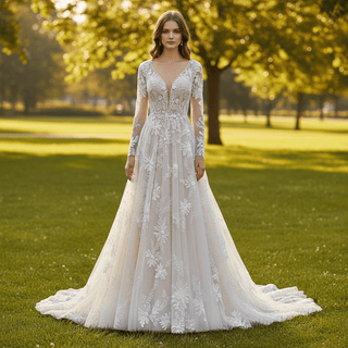 Romantic Low Open Back Long Sleeve Lace Wedding Dress with Vneck - Rosymae