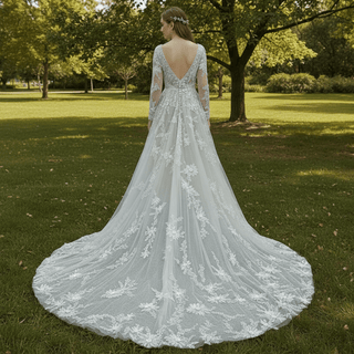 Romantic Low Open Back Long Sleeve Lace Wedding Dress with Vneck - Rosymae