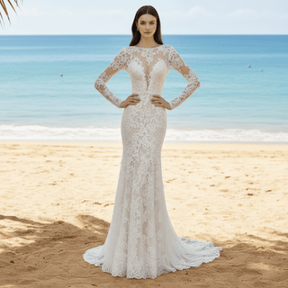 Romantic Mermaid Lace Princess Wedding Dresses with Long Sheer Sleeves - Rosymae