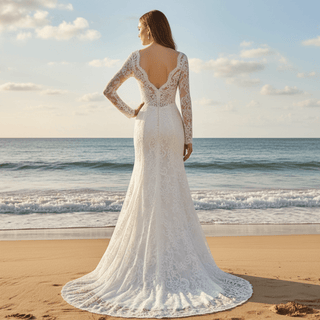 Romantic Mermaid Lace Princess Wedding Dresses with Long Sheer Sleeves - Rosymae