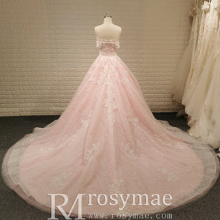 Romantic Off the Shoulder A-line Pink Sparkly Wedding Dress with Floral Lace - Rosymae