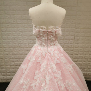 Romantic Off the Shoulder A-line Pink Sparkly Wedding Dress with Floral Lace - Rosymae