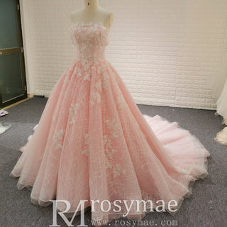 Romantic Off the Shoulder A-line Pink Sparkly Wedding Dress with Floral Lace - Rosymae