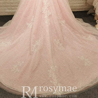 Romantic Off the Shoulder A-line Pink Sparkly Wedding Dress with Floral Lace - Rosymae