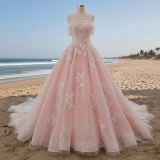 Romantic Off the Shoulder A-line Pink Sparkly Wedding Dress with Floral Lace - Rosymae
