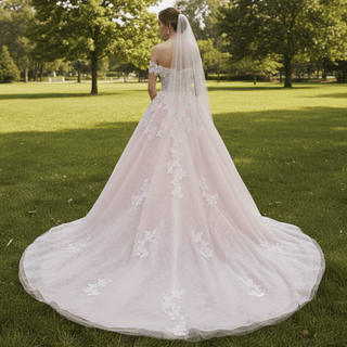 Romantic Off the Shoulder A-line Pink Sparkly Wedding Dress with Floral Lace - Rosymae