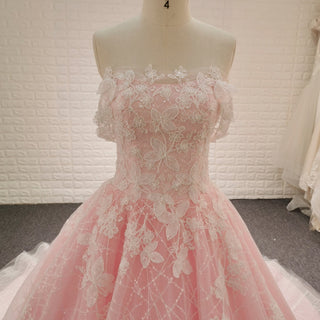 Romantic Off the Shoulder A-line Pink Sparkly Wedding Dress with Floral Lace - Rosymae
