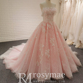 Romantic Off the Shoulder A-line Pink Sparkly Wedding Dress with Floral Lace - Rosymae