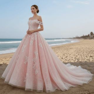 Romantic Off the Shoulder A-line Pink Sparkly Wedding Dress with Floral Lace - Rosymae