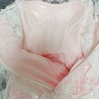 Romantic Off the Shoulder A-line Pink Sparkly Wedding Dress with Floral Lace - Rosymae