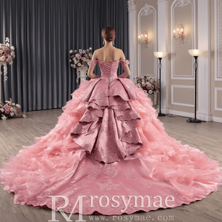 Romantic Off the Shoulder Ball Gown Pink Wedding Dress with Ruffle Skirt - Rosymae