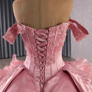 Romantic Off the Shoulder Ball Gown Pink Wedding Dress with Ruffle Skirt - Rosymae