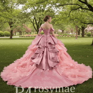 Romantic Off the Shoulder Ball Gown Pink Wedding Dress with Ruffle Skirt - Rosymae