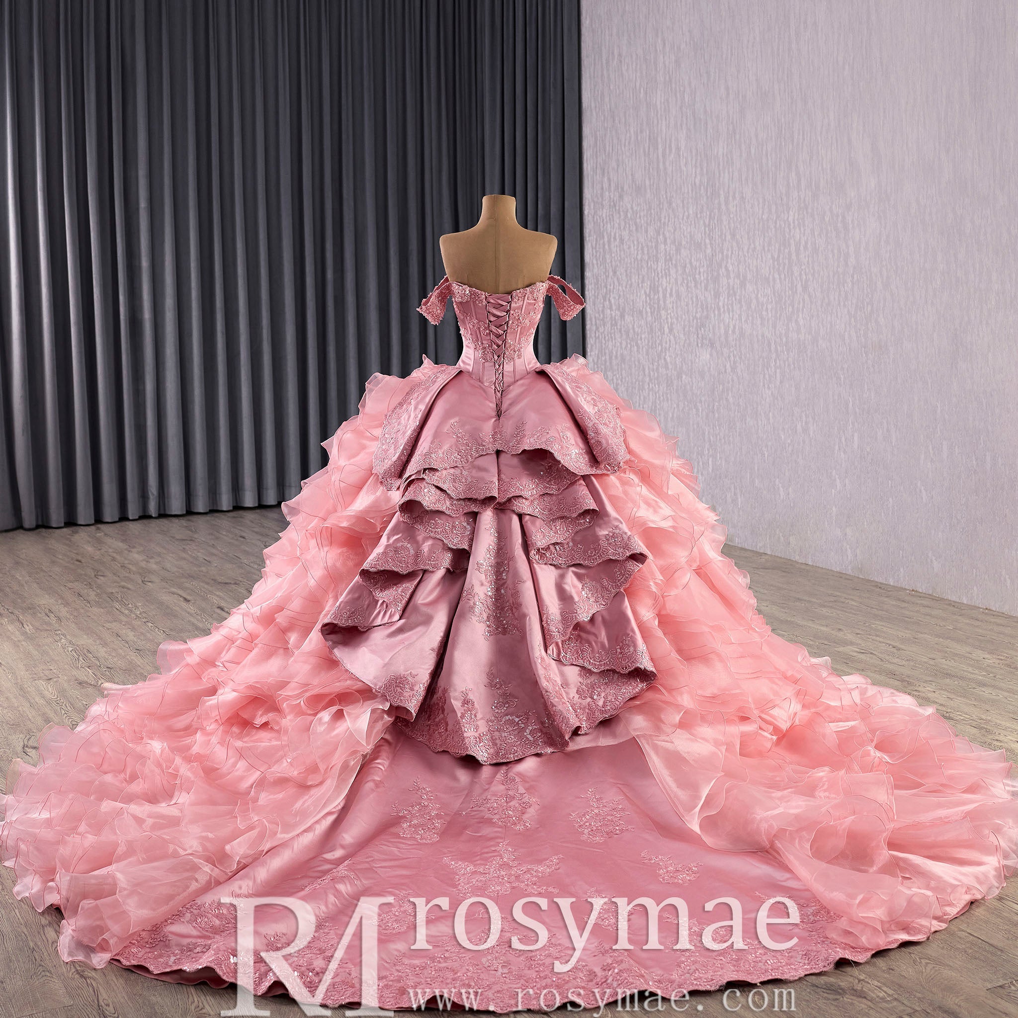Romantic Off the Shoulder Ball Gown Pink Wedding Dress with Ruffle Skirt - Rosymae