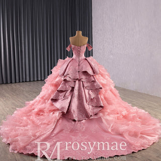 Romantic Off the Shoulder Ball Gown Pink Wedding Dress with Ruffle Skirt - Rosymae