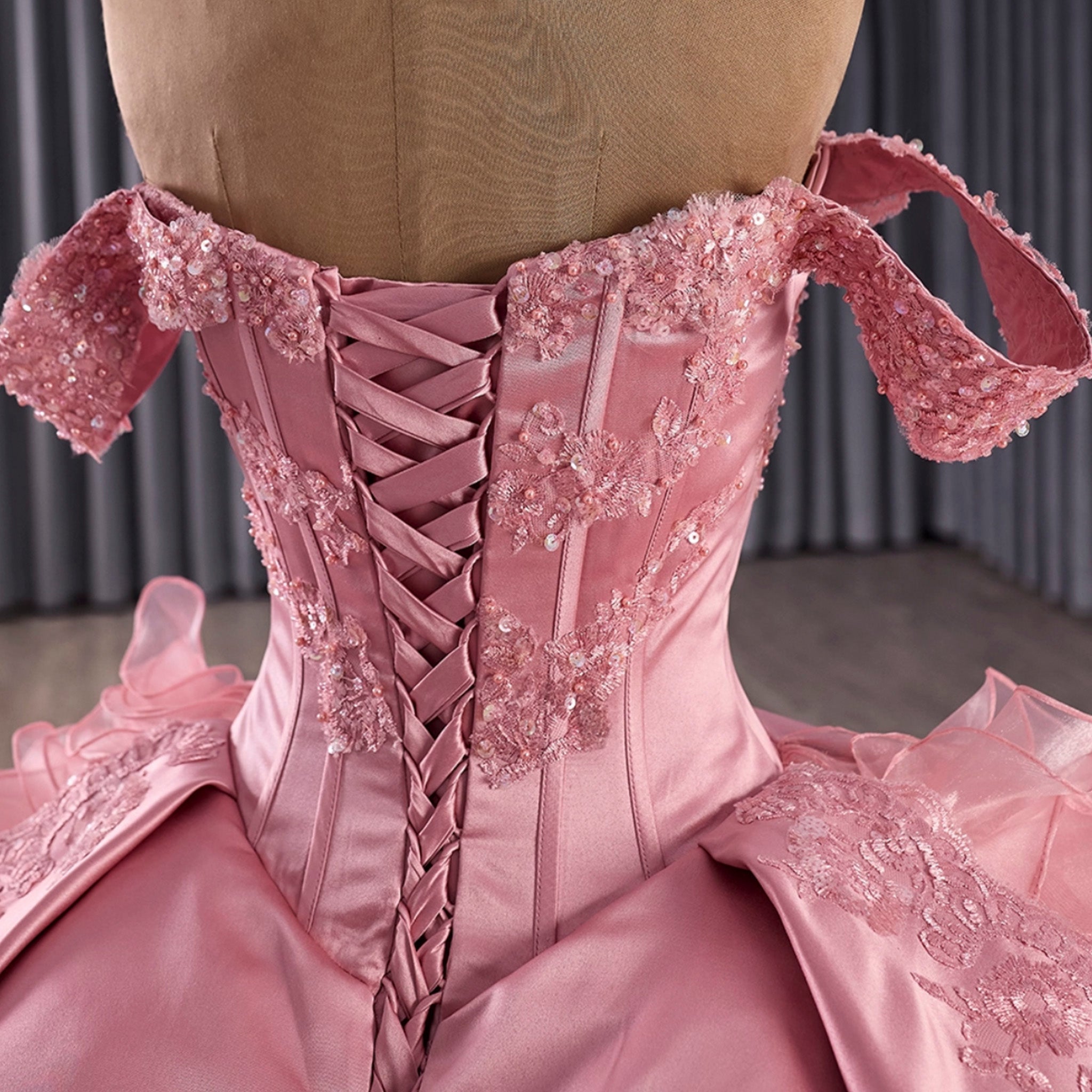 Romantic Off the Shoulder Ball Gown Pink Wedding Dress with Ruffle Skirt - Rosymae