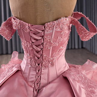 Romantic Off the Shoulder Ball Gown Pink Wedding Dress with Ruffle Skirt - Rosymae