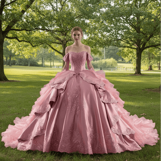 Romantic Off the Shoulder Ball Gown Pink Wedding Dress with Ruffle Skirt - Rosymae