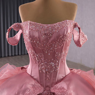 Romantic Off the Shoulder Ball Gown Pink Wedding Dress with Ruffle Skirt - Rosymae