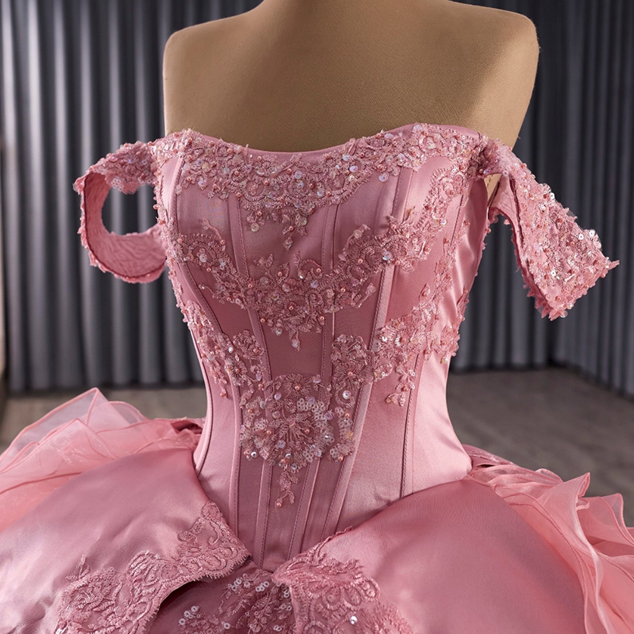 Romantic Off the Shoulder Ball Gown Pink Wedding Dress with Ruffle Skirt - Rosymae