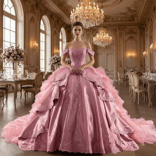 Romantic Off the Shoulder Ball Gown Pink Wedding Dress with Ruffle Skirt - Rosymae