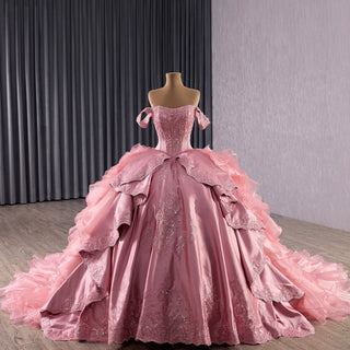 Romantic Off the Shoulder Ball Gown Pink Wedding Dress with Ruffle Skirt - Rosymae