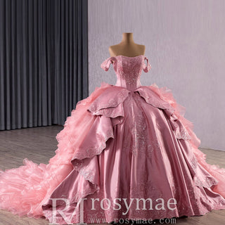 Romantic Off the Shoulder Ball Gown Pink Wedding Dress with Ruffle Skirt - Rosymae