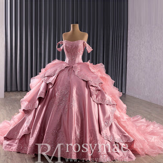 Romantic Off the Shoulder Ball Gown Pink Wedding Dress with Ruffle Skirt - Rosymae