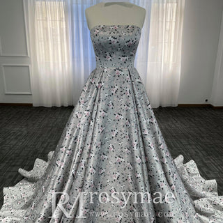 Romantic Strapless Floral Print Wedding Dresses & Gowns with A-line - Rosymae