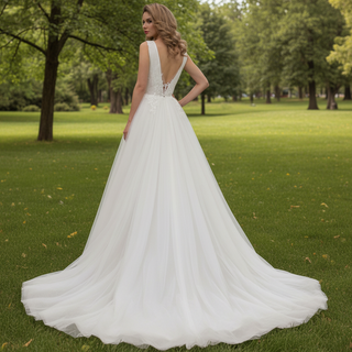 Sheer Plunging Deep V Neck A-line Tulle Wedding Dress Open Back