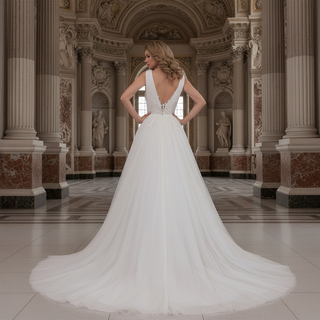 Sheer Plunging Deep V Neck A-line Tulle Wedding Dress Open Back